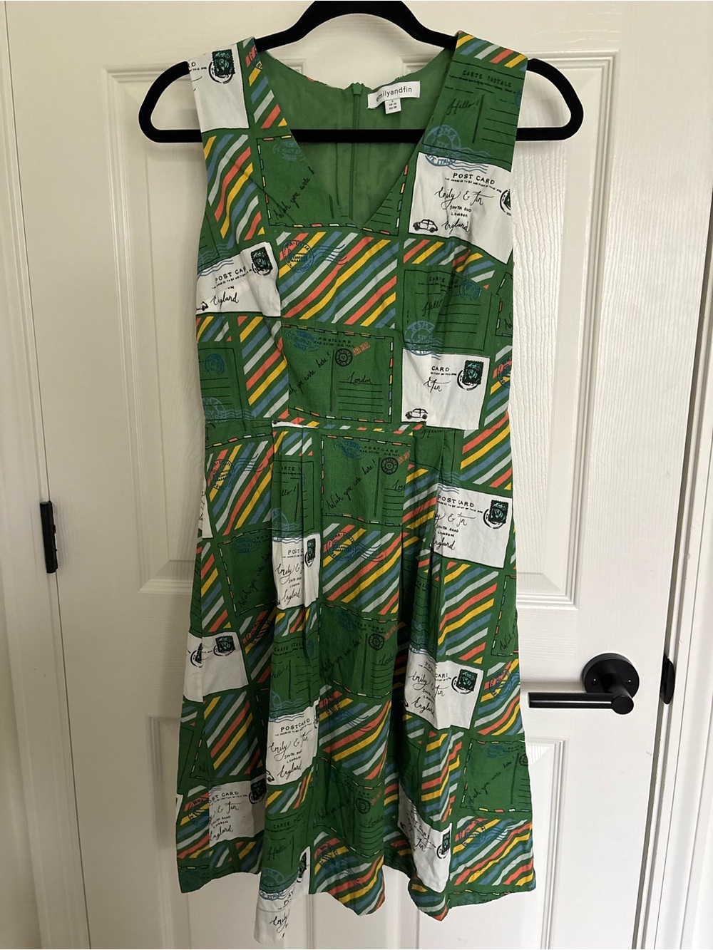 Green Postal Print Fit & Flare Dress modcloth knee length Emilyandfin